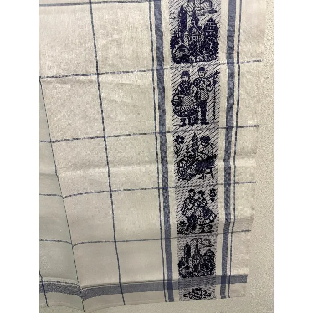 Vtg Blue White German Folk Theme Design Linen Kitchen Tea Towels Grandma Core